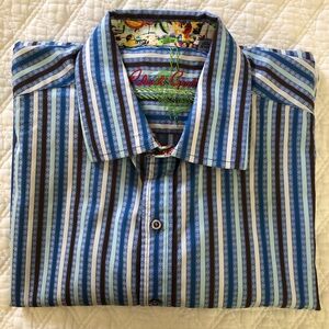 Robert Graham Blue and Brown Striped Shirt w/ Many Features NWOT
